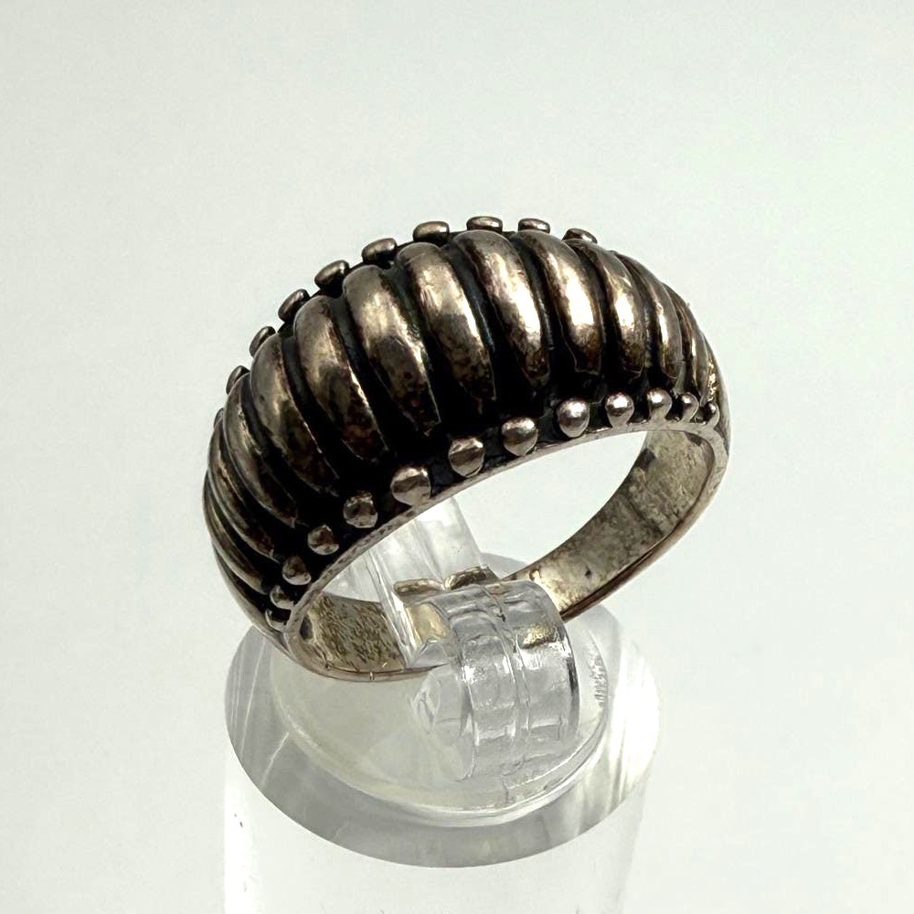 925 Sterling Silver Ribbed Dome Ring Size 7.5 Beaded Edge Shrimp Style‎ 5.4g